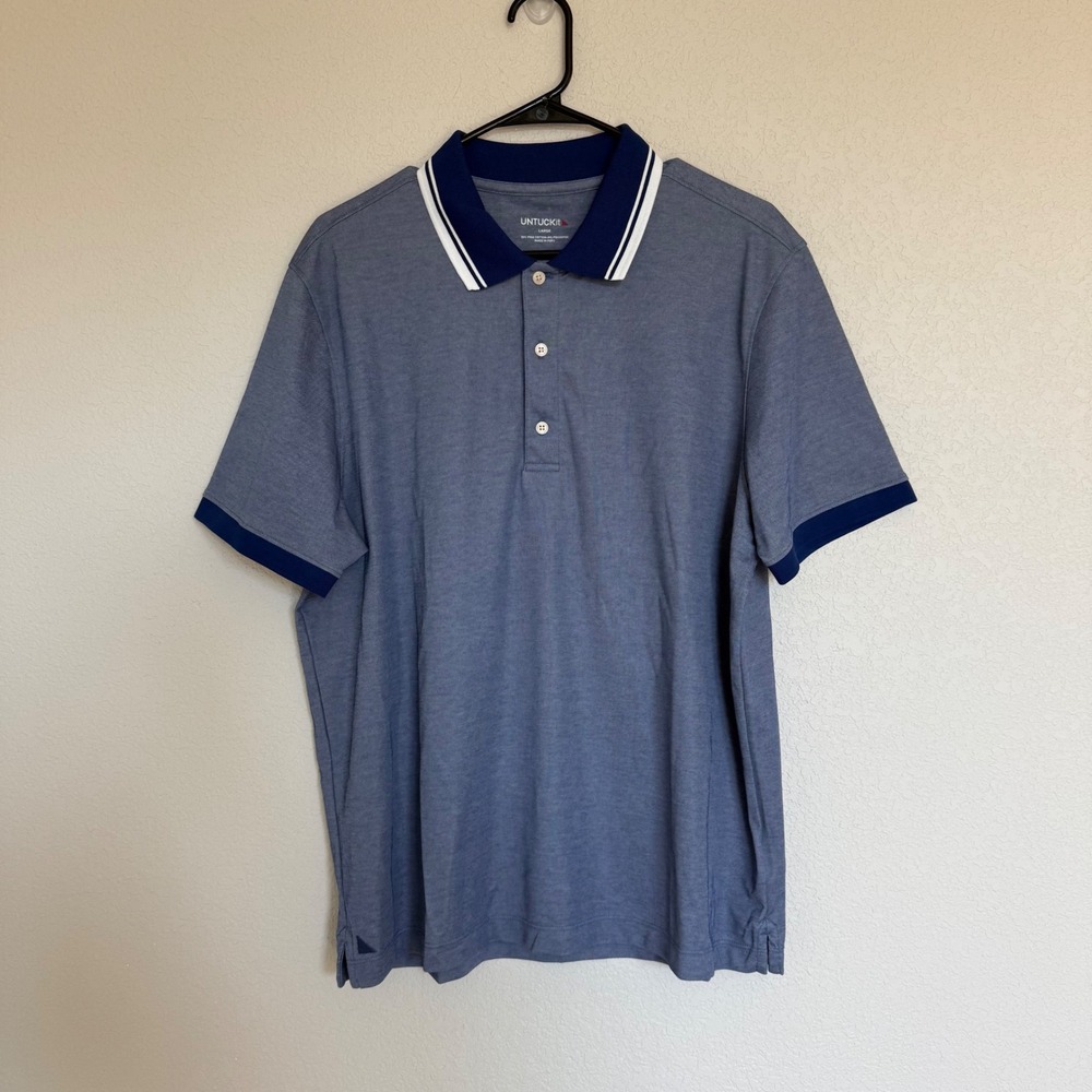 UNTUCKit Day Polo Shirt Mens Large Blue Pima Cotton Blend Reg Fit Tipped Collar
